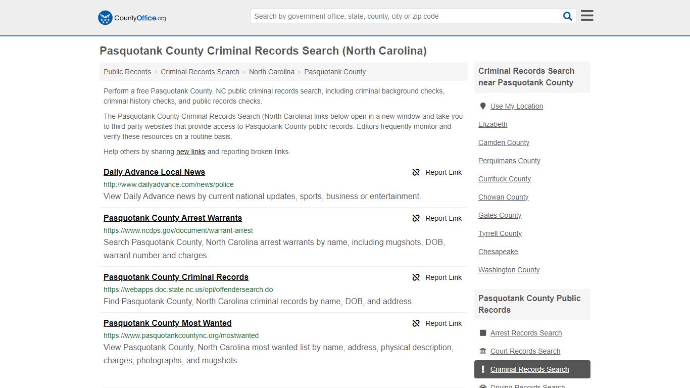 Pasquotank County Criminal Records Search (North Carolina)