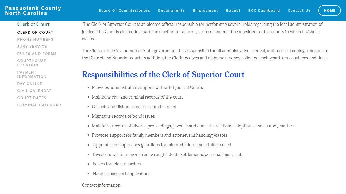 Clerk of Court — Pasquotank County North Carolina